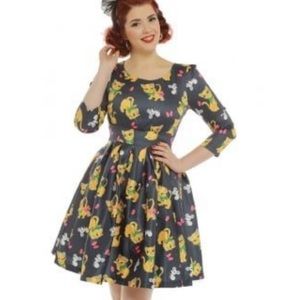 Lindy Bop RARE Kylie Black Cat Detail Vibrant Colorful Swing Dress Size 8 NWT